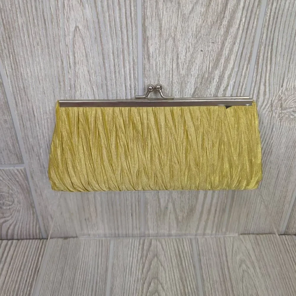 Womens Clutch Evening Purse Gold Pleated Style Toggle Closure Black Interior